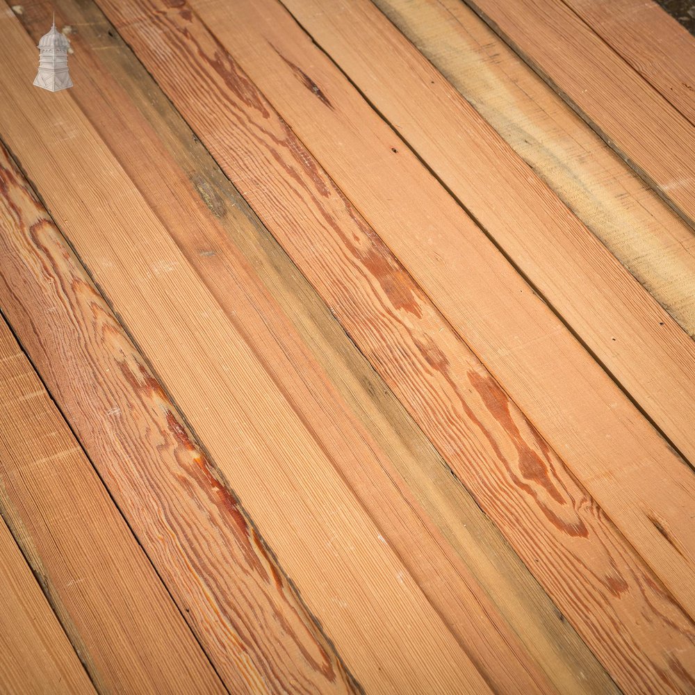 NR48921: Batch of 13.5 Square Metres of Mixed Width Planed Pitch Pine Wall Cladding Floorboards