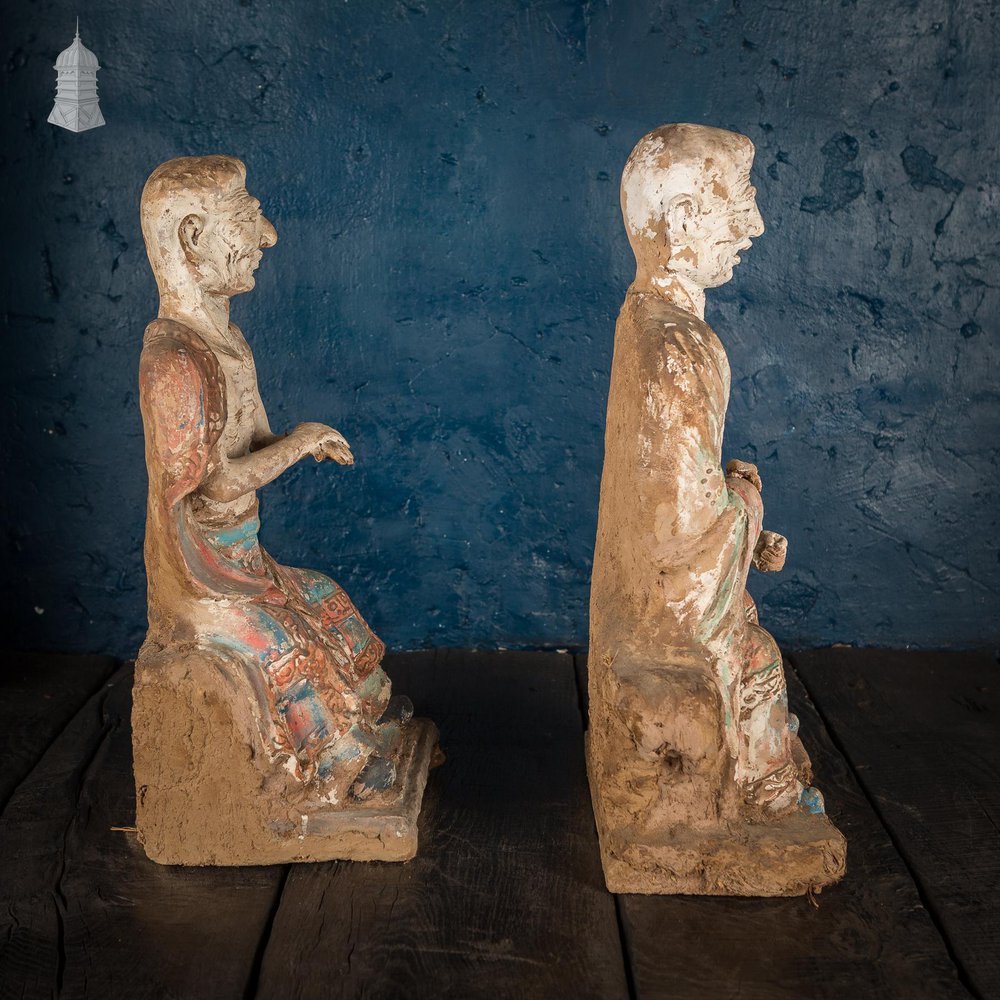 NR49221: A Pair of Chinese Early Ming Dynasty Luohans, Remnants of Blue, Red and White Pigment Height 50cm