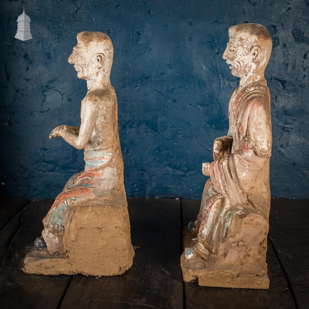 NR49221: A Pair of Chinese Early Ming Dynasty Luohans, Remnants of Blue, Red and White Pigment Height 50cm