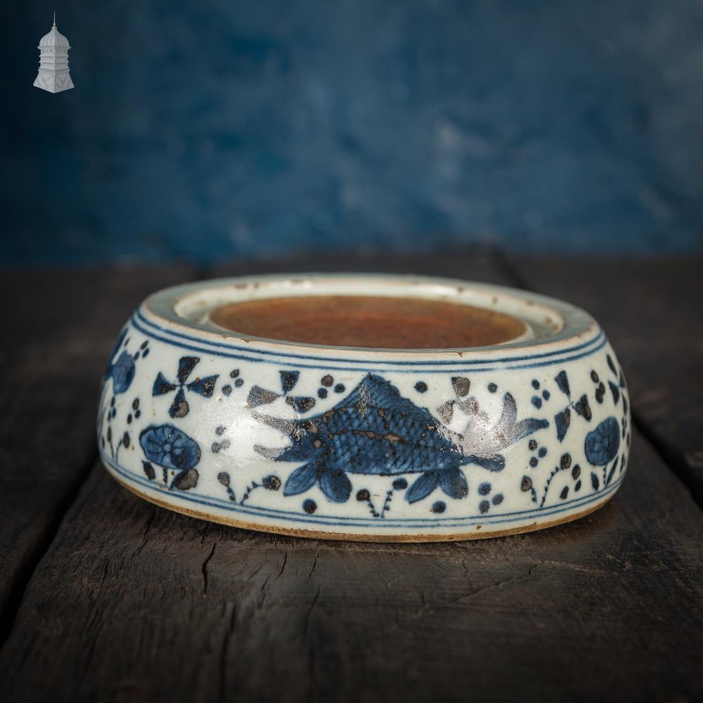 NR49321: Oriental Antique Blue & White Ink Stone Ming Style Decorated with Sturgeon Details