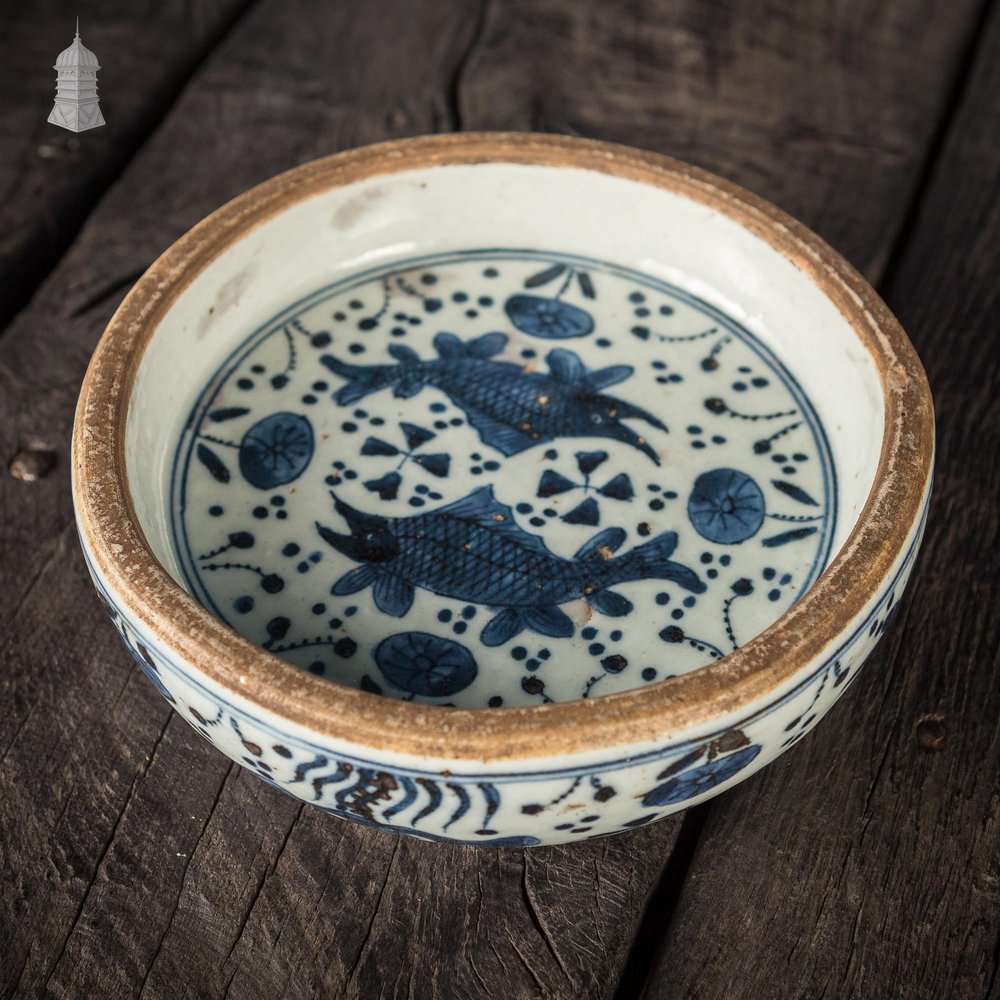 NR49321: Oriental Antique Blue & White Ink Stone Ming Style Decorated with Sturgeon Details