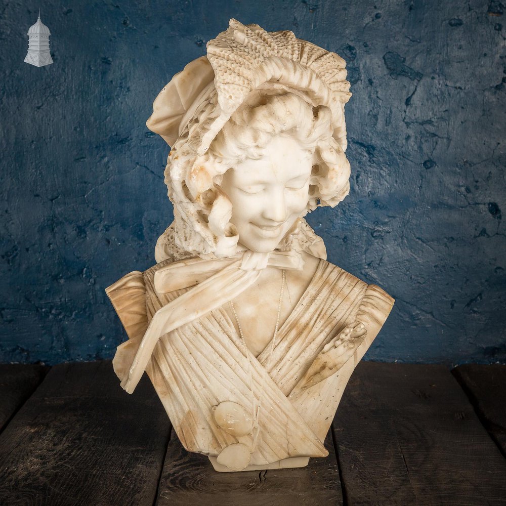 NR49921: 19th C Italian Carved Alabaster Bust of a Lady, Signed Galleria A Frilli, Firenze 1896, (Antonio Frilli circa 1880-1920), 52cm High