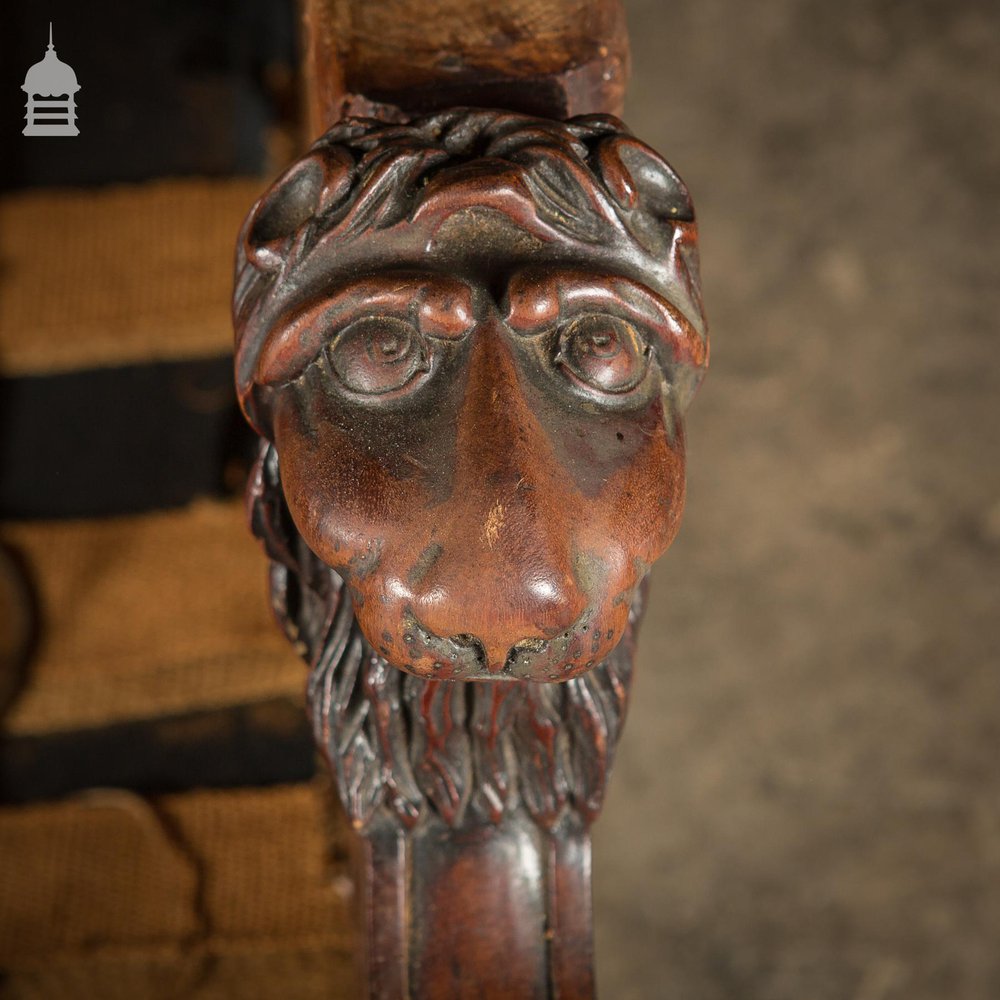 19th C Carved Lion Head Chair on Brass Castor’s Stripped for Re-upholstery