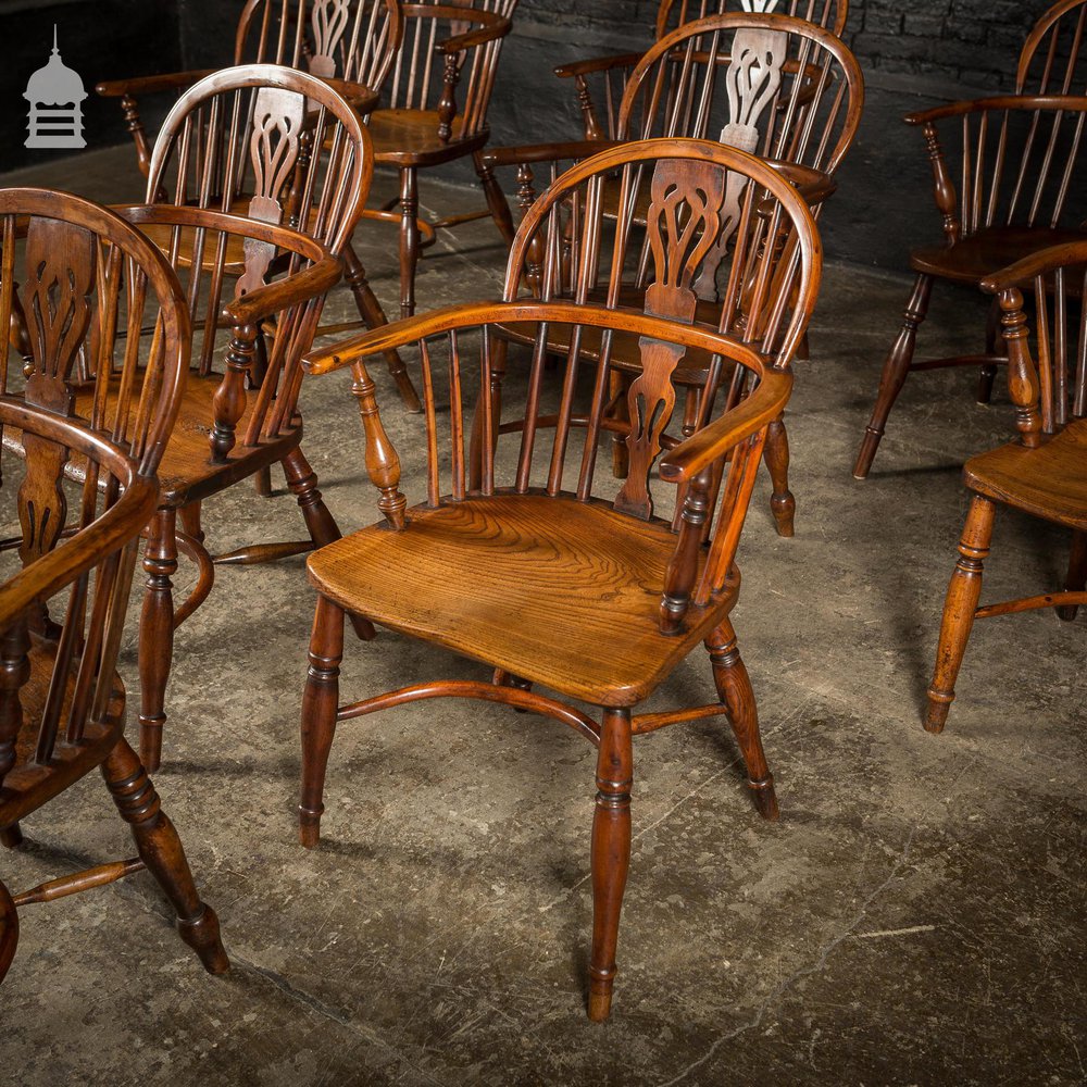 Set of 10 Circa 1830 Yew & Elm George Nicholson Rockley Low Windsor Chairs