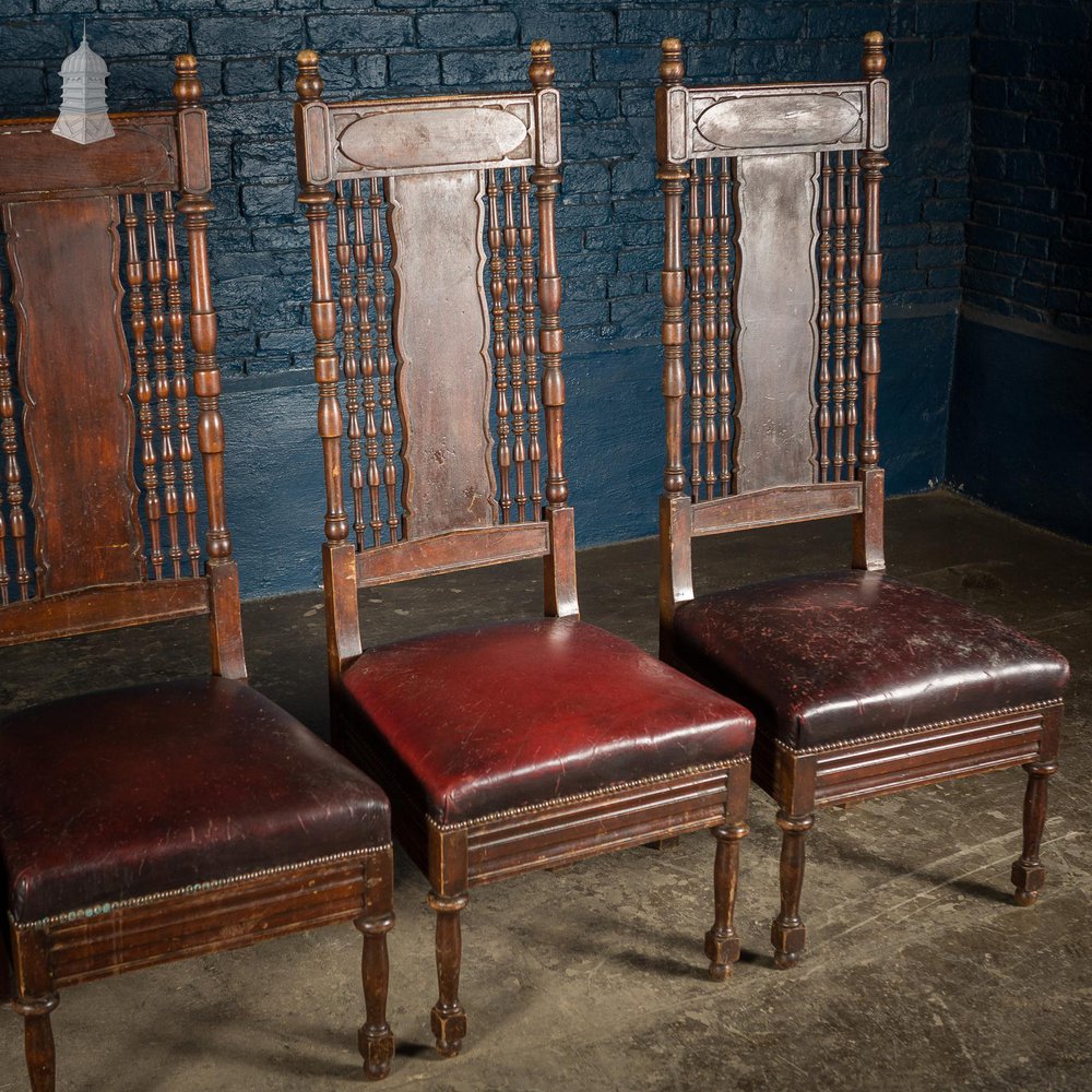 NR54821: Set of 6 19th C French Tall Back Dining Chairs with Worn Leather Seat Pads