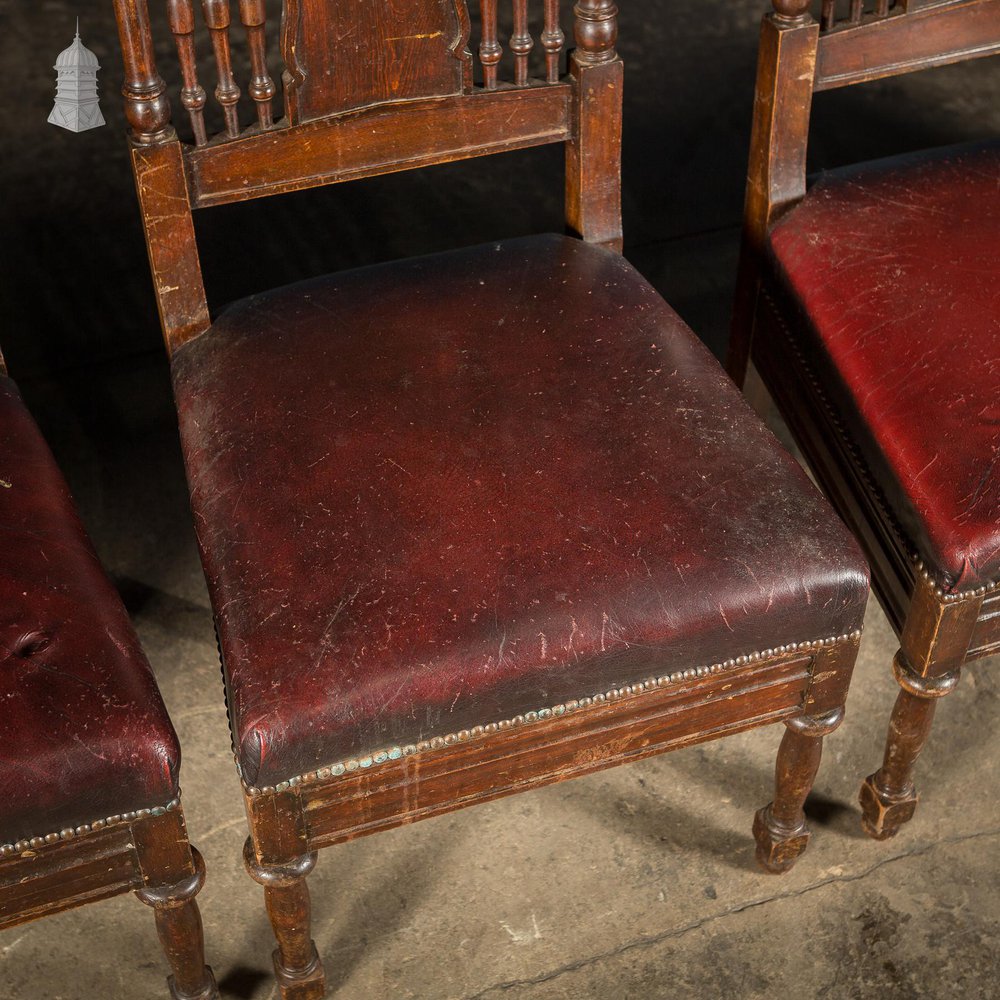 NR54821: Set of 6 19th C French Tall Back Dining Chairs with Worn Leather Seat Pads