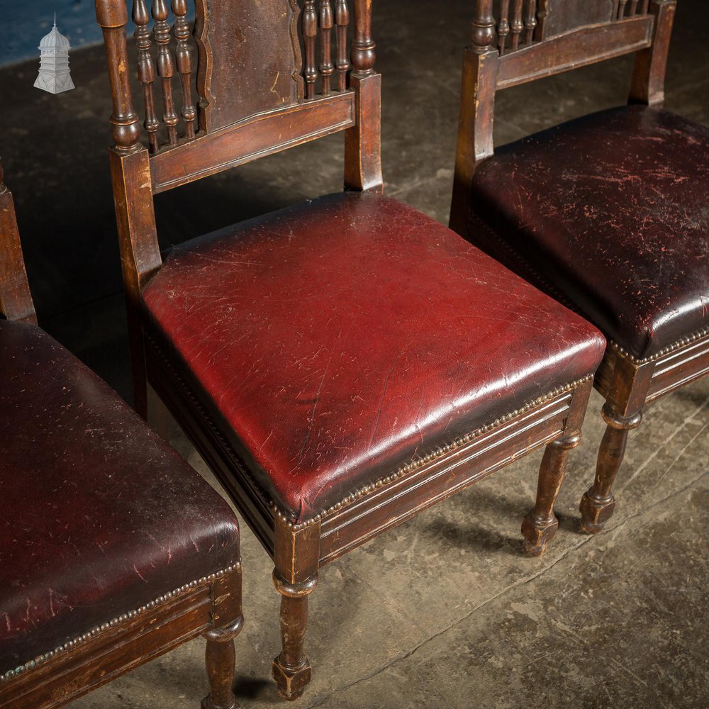 NR54821: Set of 6 19th C French Tall Back Dining Chairs with Worn Leather Seat Pads