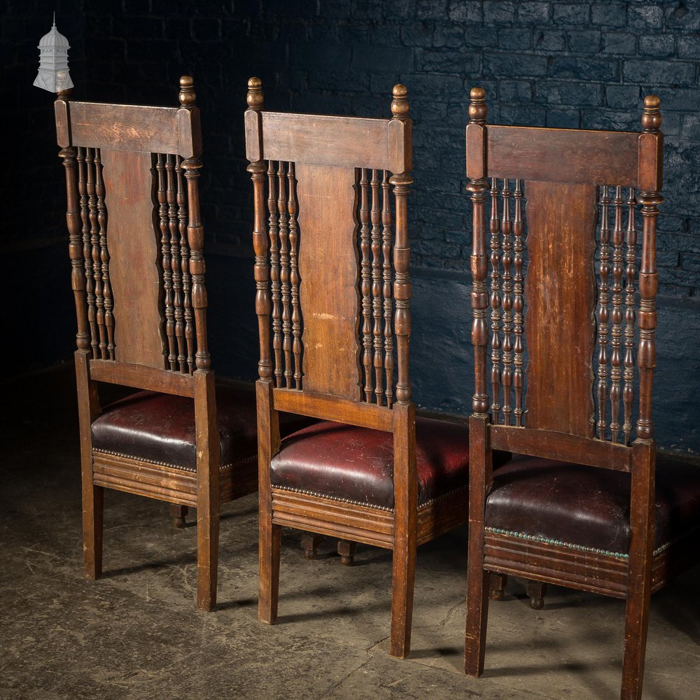 NR54821: Set of 6 19th C French Tall Back Dining Chairs with Worn Leather Seat Pads