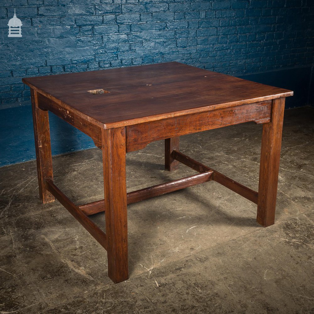 19th C 4ft x 4ft School Science Lab Mahogany and Pine Table