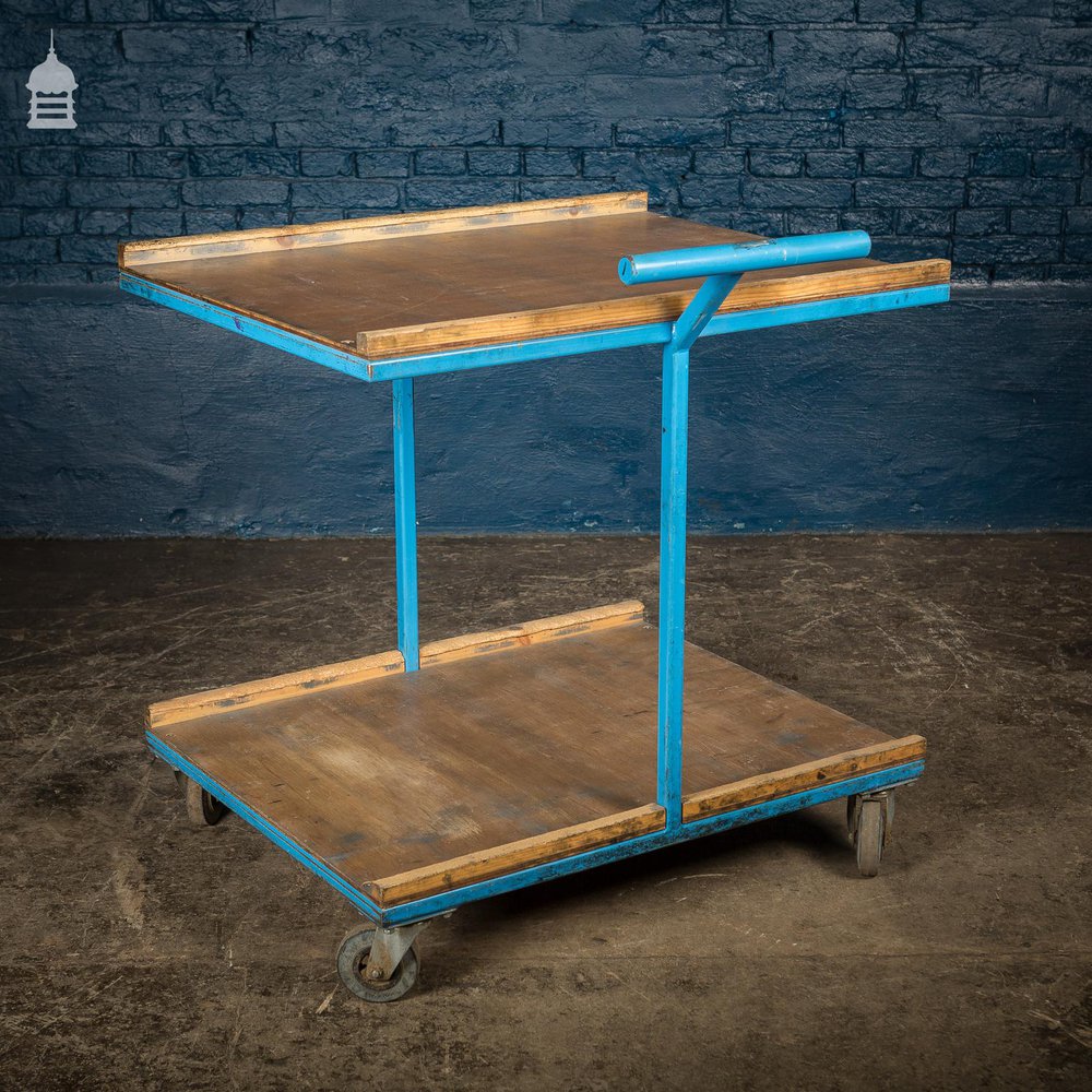 Large Blue Vintage Industrial Wheeled Trolley