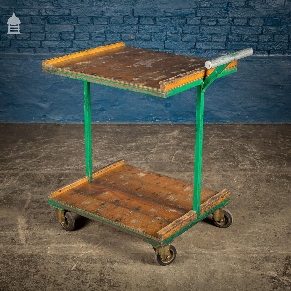 NR21121: Green Vintage Industrial Wheeled Trolley