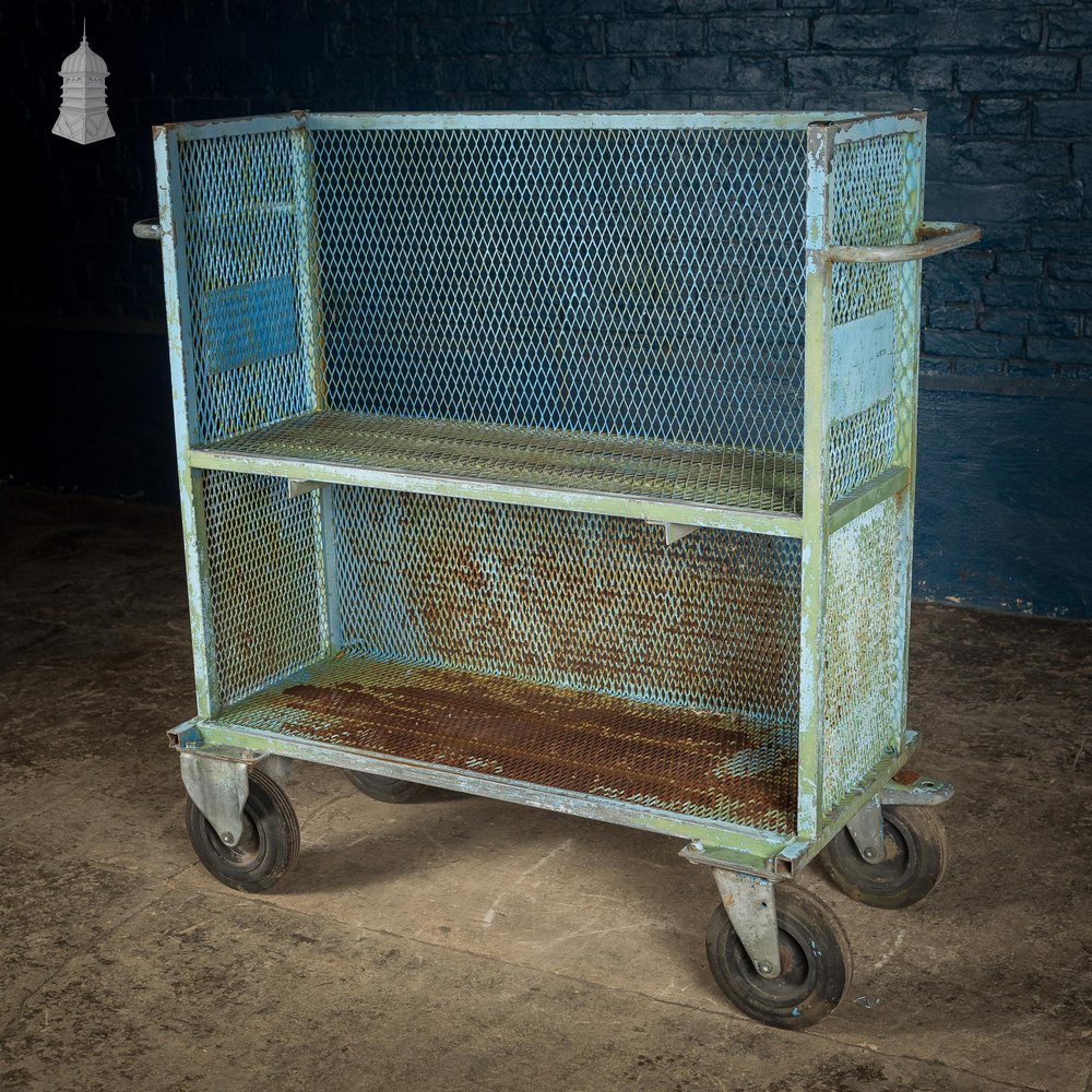 NR60021: Vintage Industrial Blue Steel Trolley Mobile Shelving Unit