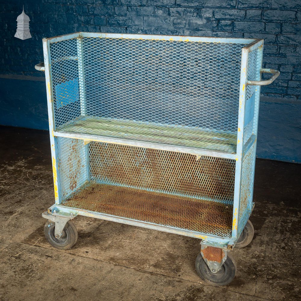 NR60521: Vintage Industrial Blue Steel Trolley Mobile Shelving Unit