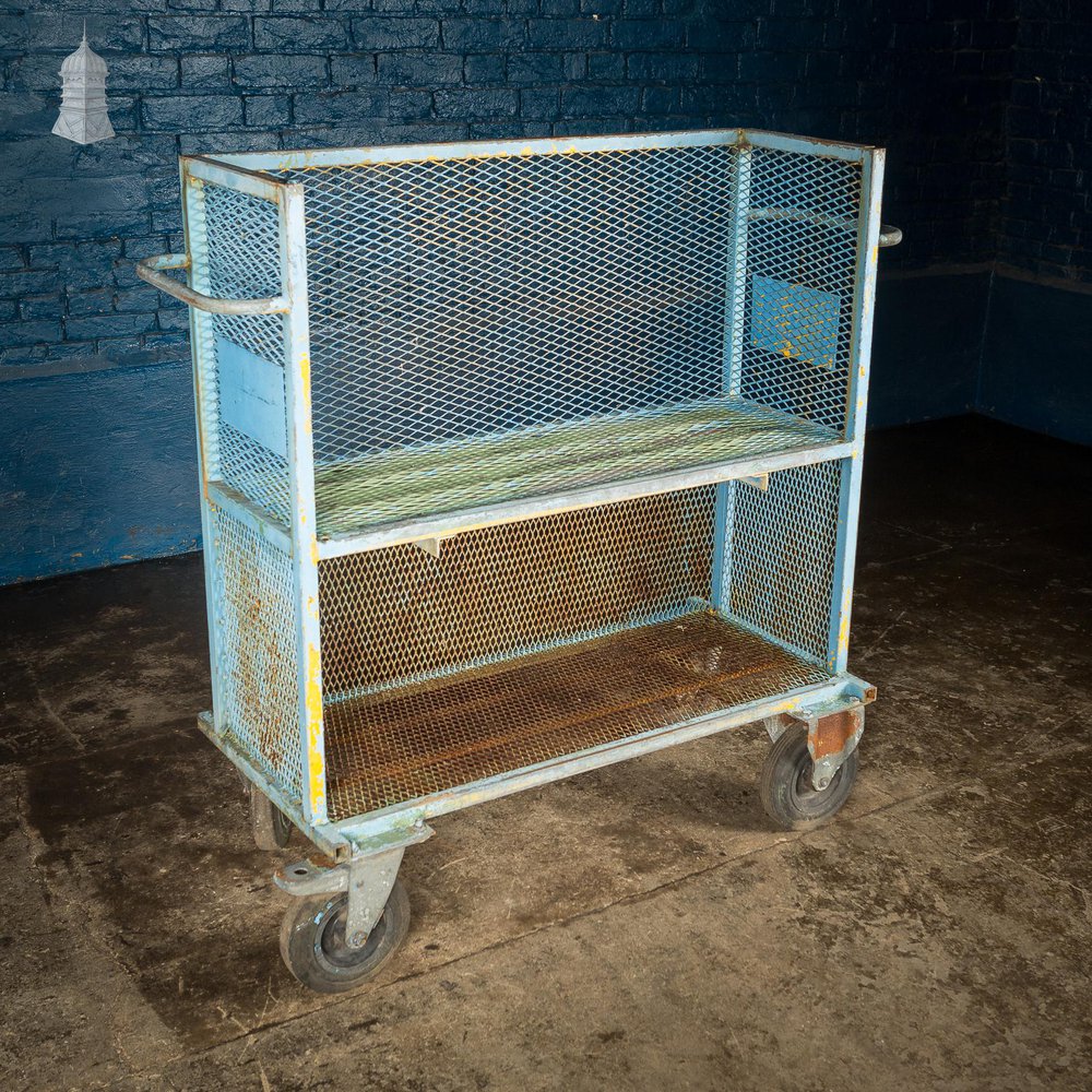 NR60521: Vintage Industrial Blue Steel Trolley Mobile Shelving Unit