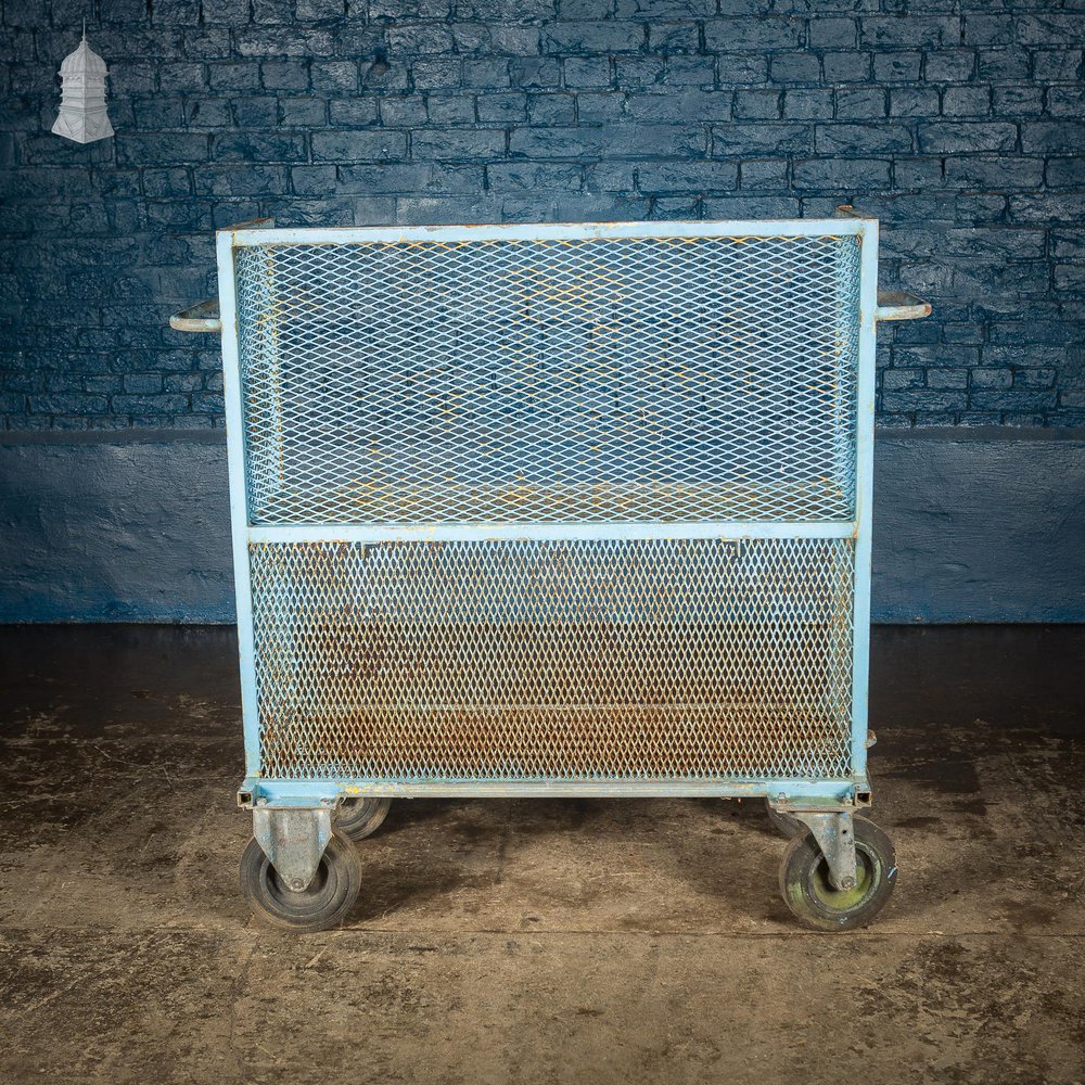 NR60521: Vintage Industrial Blue Steel Trolley Mobile Shelving Unit