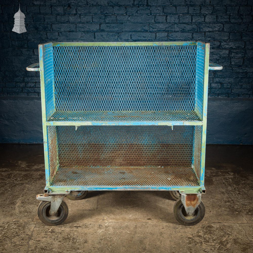 NR60821: Vintage Industrial Blue Steel Trolley Mobile Shelving Unit