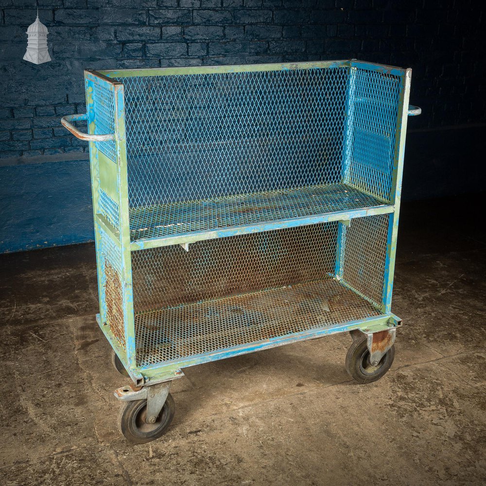 NR60821: Vintage Industrial Blue Steel Trolley Mobile Shelving Unit