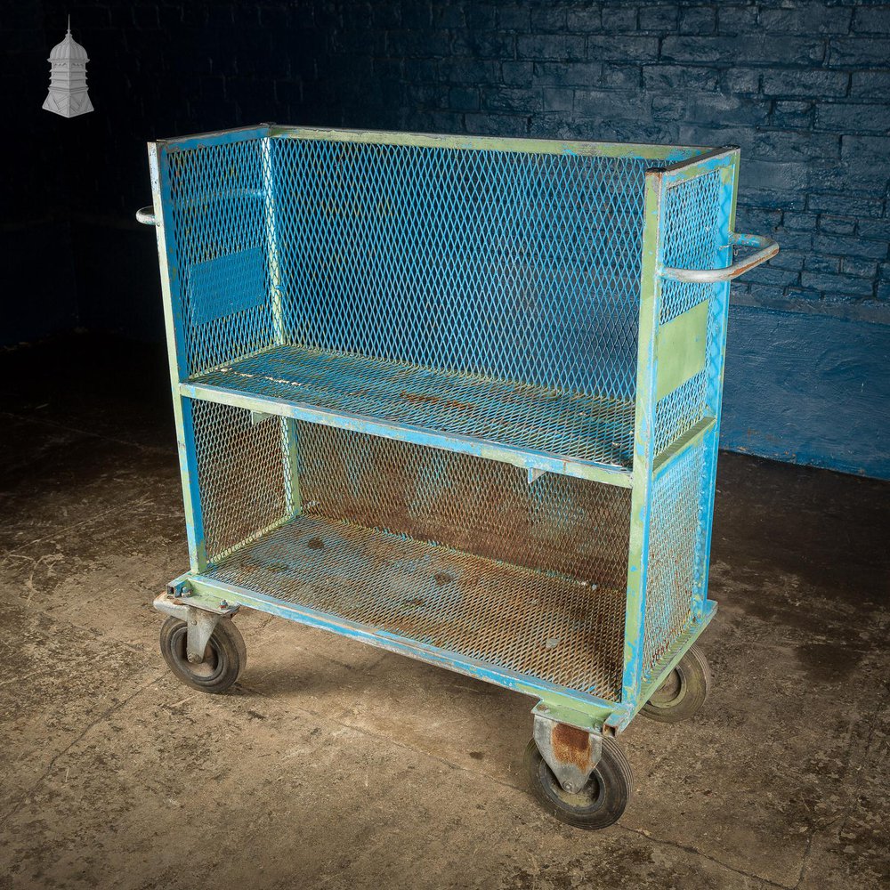 NR60821: Vintage Industrial Blue Steel Trolley Mobile Shelving Unit