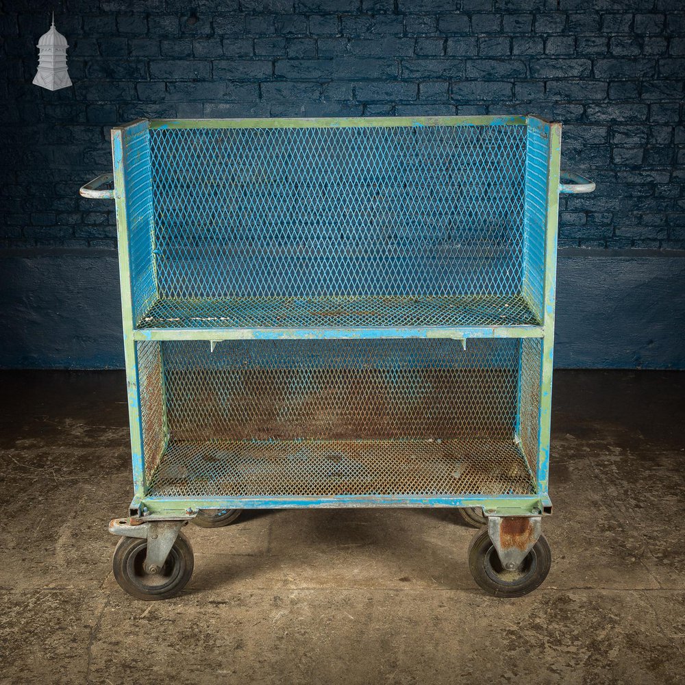 NR60821: Vintage Industrial Blue Steel Trolley Mobile Shelving Unit