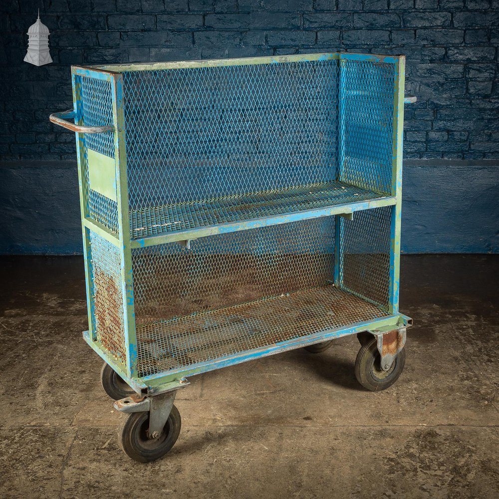 NR60821: Vintage Industrial Blue Steel Trolley Mobile Shelving Unit