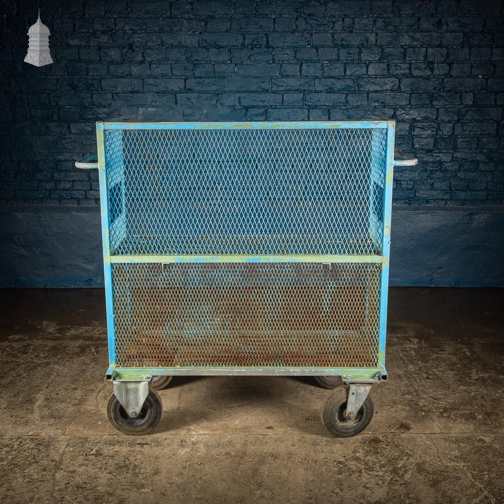 NR60821: Vintage Industrial Blue Steel Trolley Mobile Shelving Unit