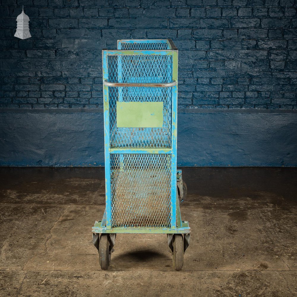 NR60821: Vintage Industrial Blue Steel Trolley Mobile Shelving Unit