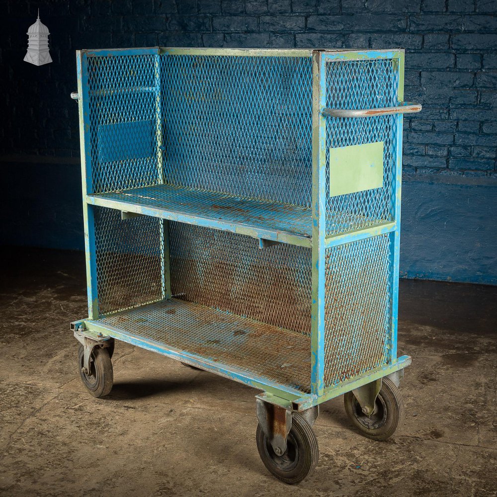 NR60821: Vintage Industrial Blue Steel Trolley Mobile Shelving Unit