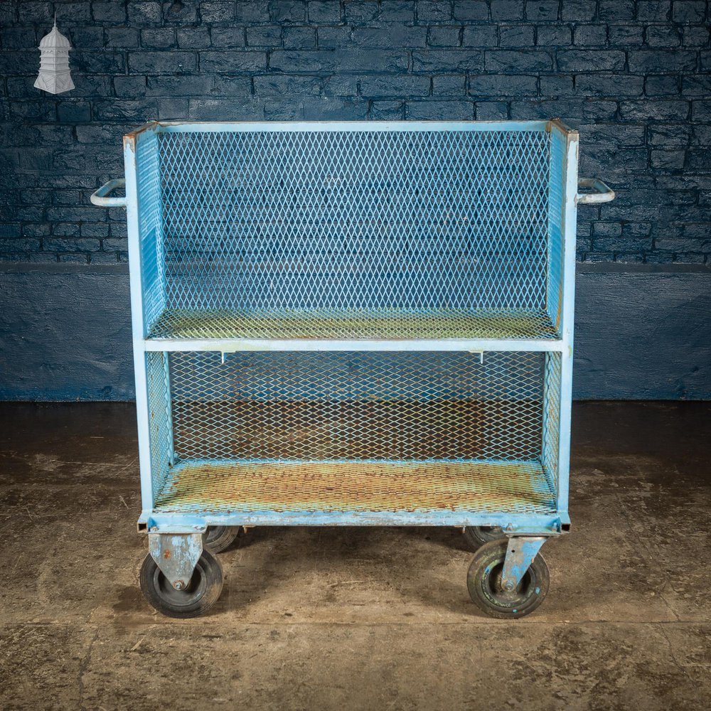 NR61021: Vintage Industrial Blue Steel Trolley Mobile Shelving Unit