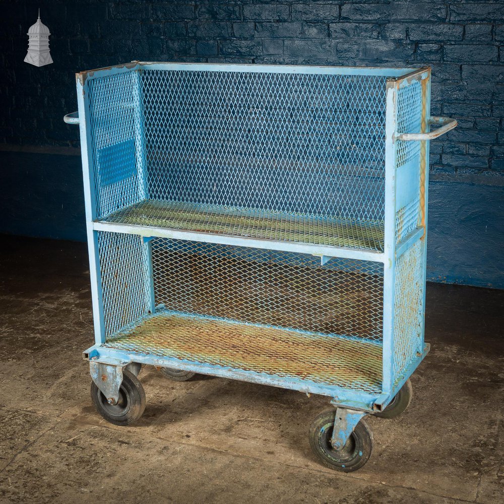 NR61021: Vintage Industrial Blue Steel Trolley Mobile Shelving Unit