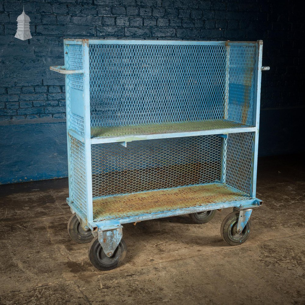 NR61021: Vintage Industrial Blue Steel Trolley Mobile Shelving Unit