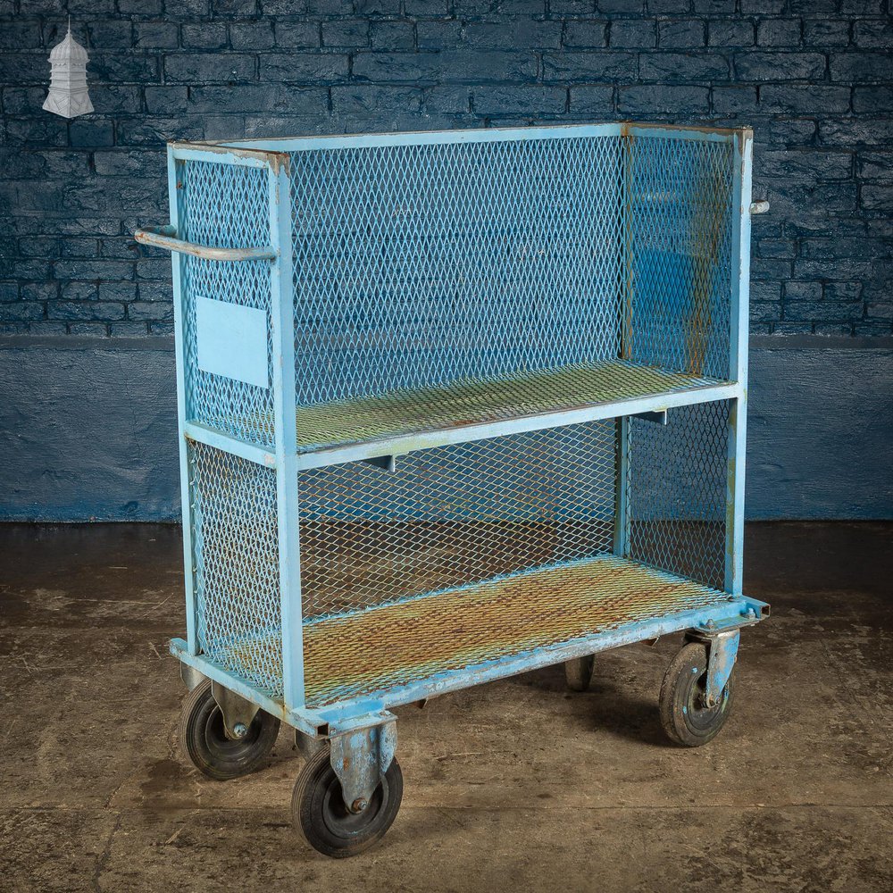 NR61021: Vintage Industrial Blue Steel Trolley Mobile Shelving Unit