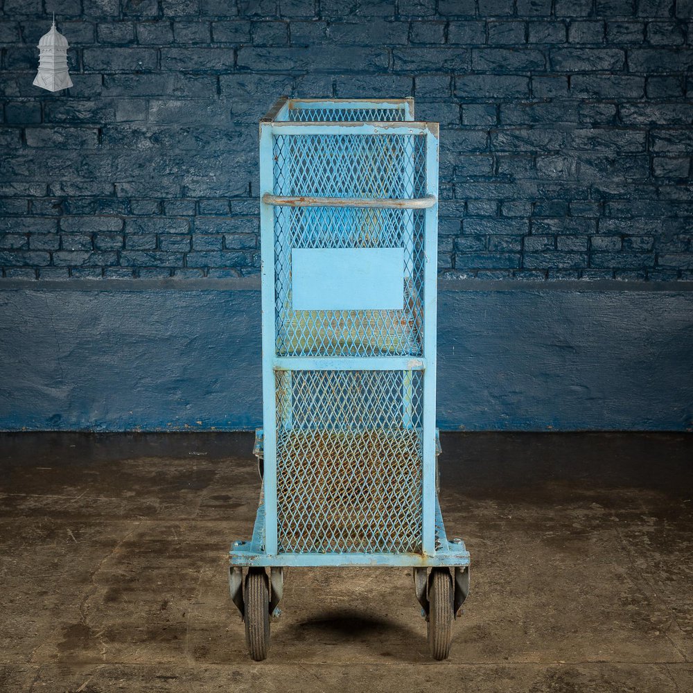 NR61021: Vintage Industrial Blue Steel Trolley Mobile Shelving Unit