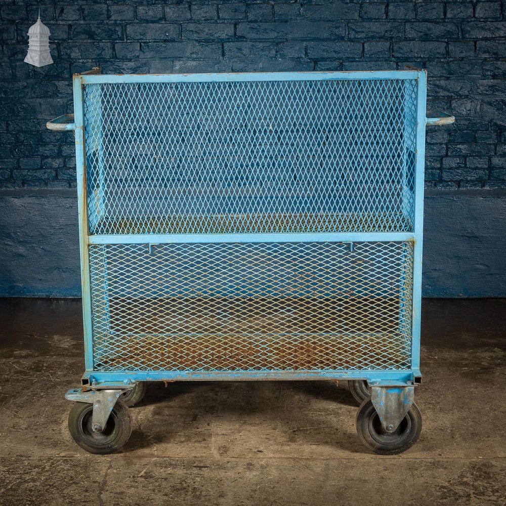 NR61021: Vintage Industrial Blue Steel Trolley Mobile Shelving Unit