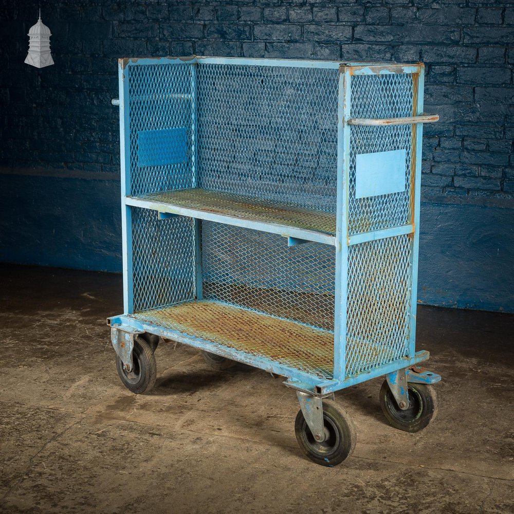 NR61021: Vintage Industrial Blue Steel Trolley Mobile Shelving Unit