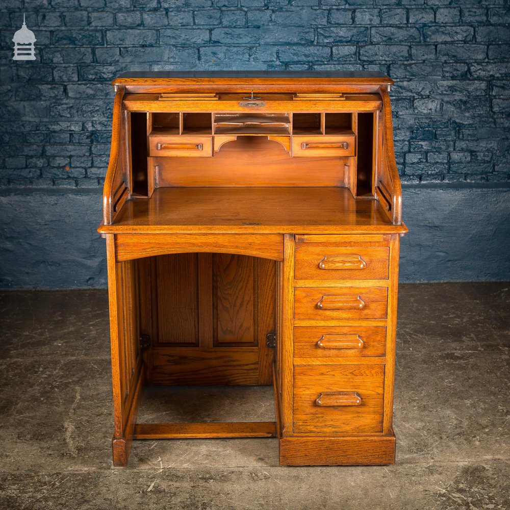 NR25121: Edwardian Oak Tambour Front Roll Top Lebus Desk