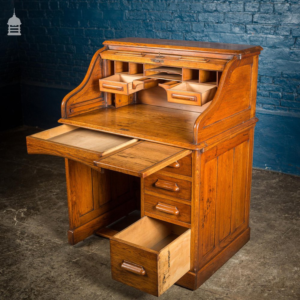 NR25121: Edwardian Oak Tambour Front Roll Top Lebus Desk