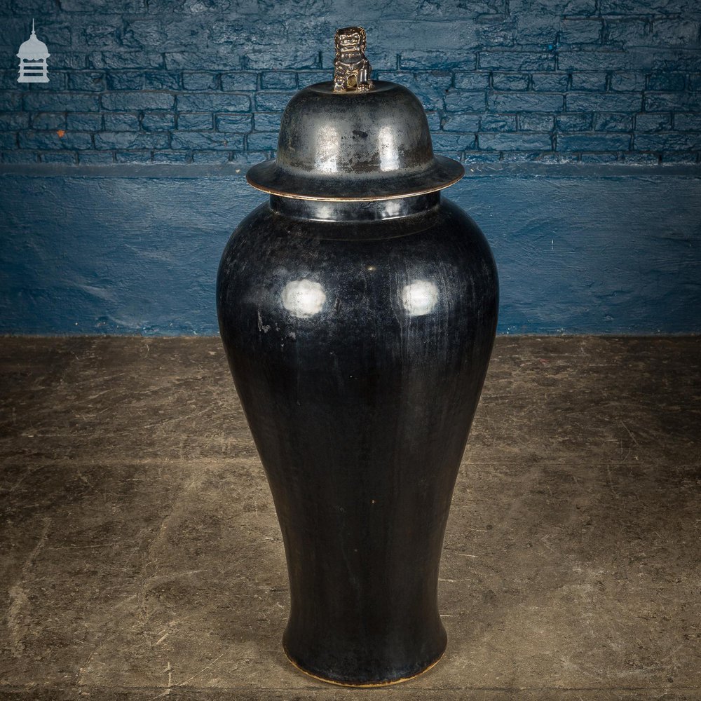 Large Floorstanding Black Glazed Oriental Ming Style Lidded Urn Vase