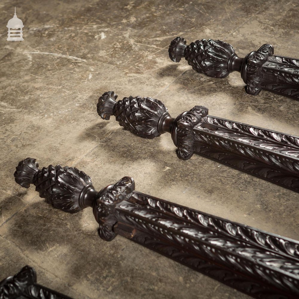 Set of 4 Early 19th C Intricately Carved Oak Bed Post Columns With Pineapple Details