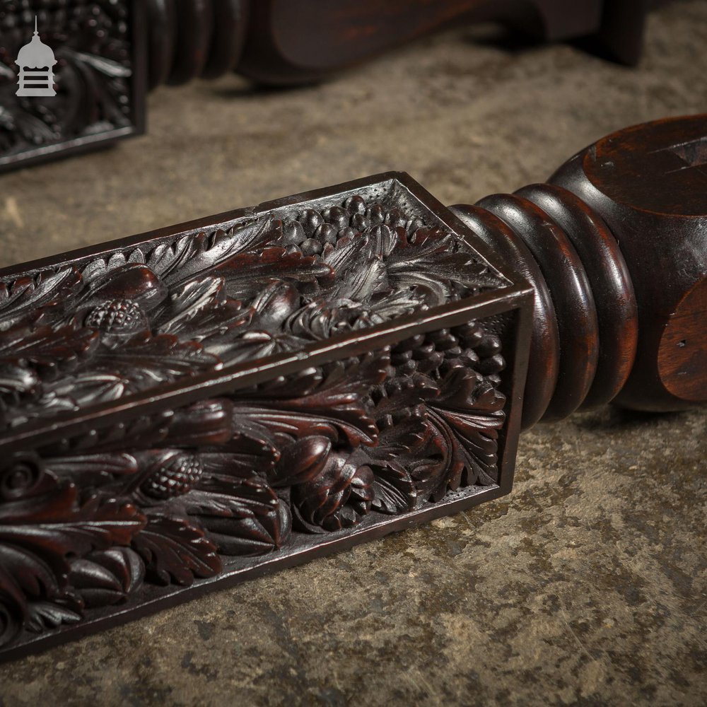 Set of 4 Early 19th C Intricately Carved Oak Bed Post Columns With Pineapple Details