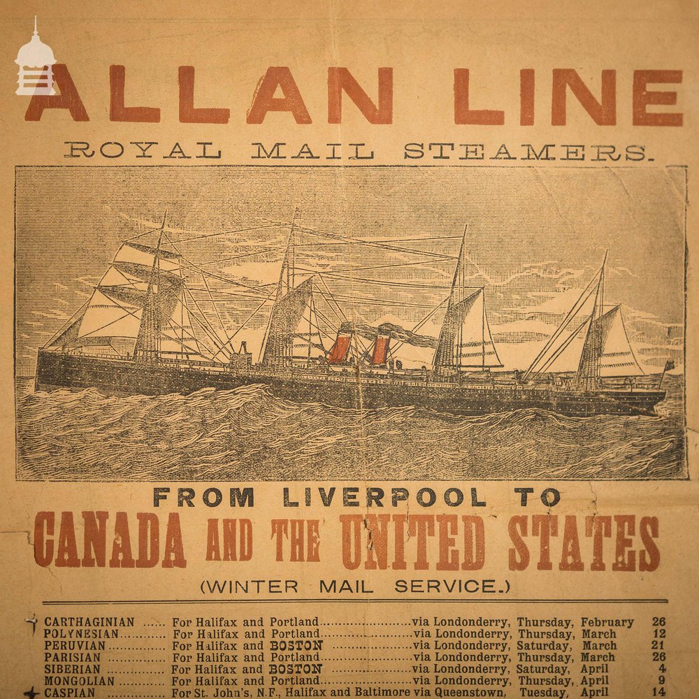 Allan Line Royal Mail Steamers Poster 1891 Liverpool to Canada and The United States