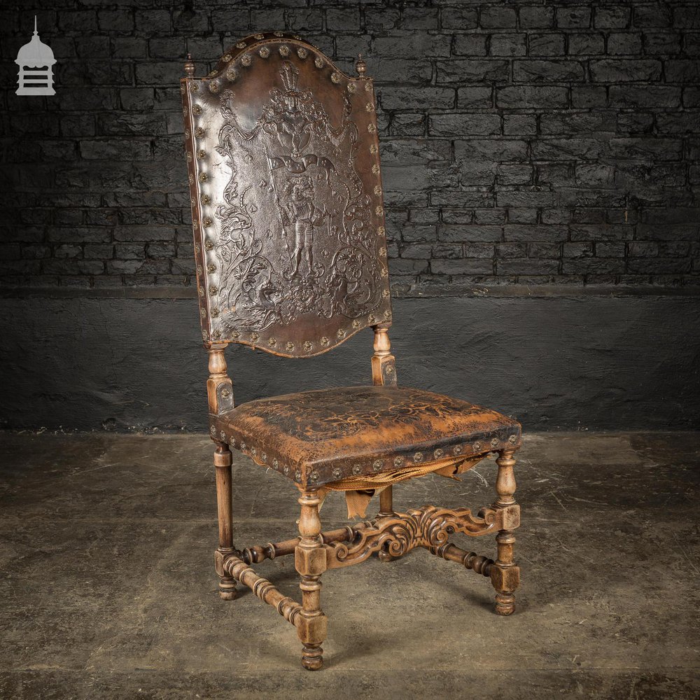 19th C Spanish Studded Throne Chair with Embossed Leather