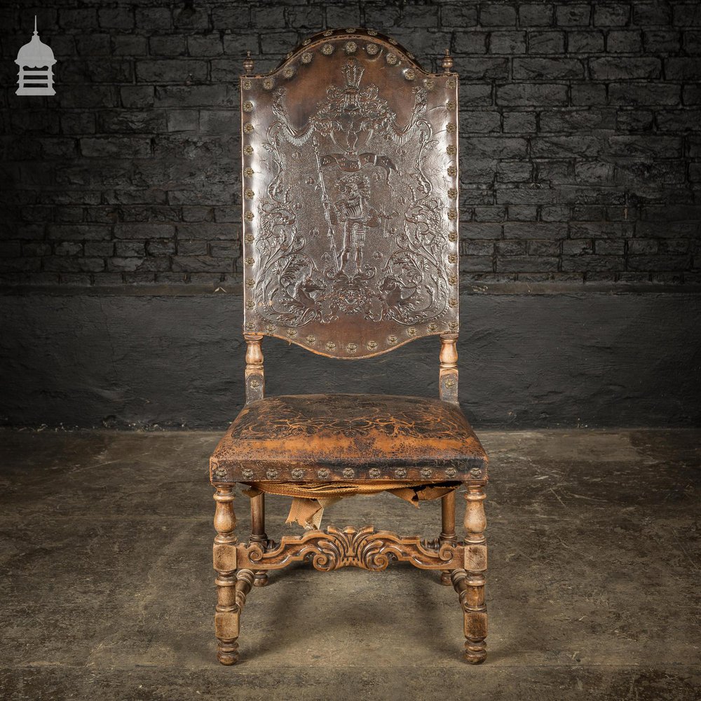 19th C Spanish Studded Throne Chair with Embossed Leather