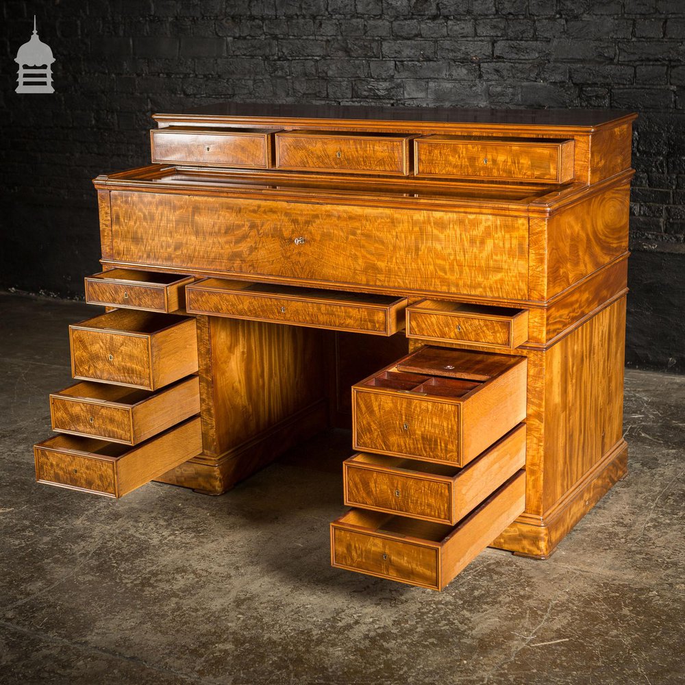 Early 19th C Maple Pedestal Bureau Desk with Internal Birds Eye Maple and Leather Writing Surface