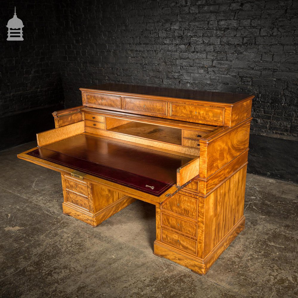 Early 19th C Maple Pedestal Bureau Desk with Internal Birds Eye Maple and Leather Writing Surface