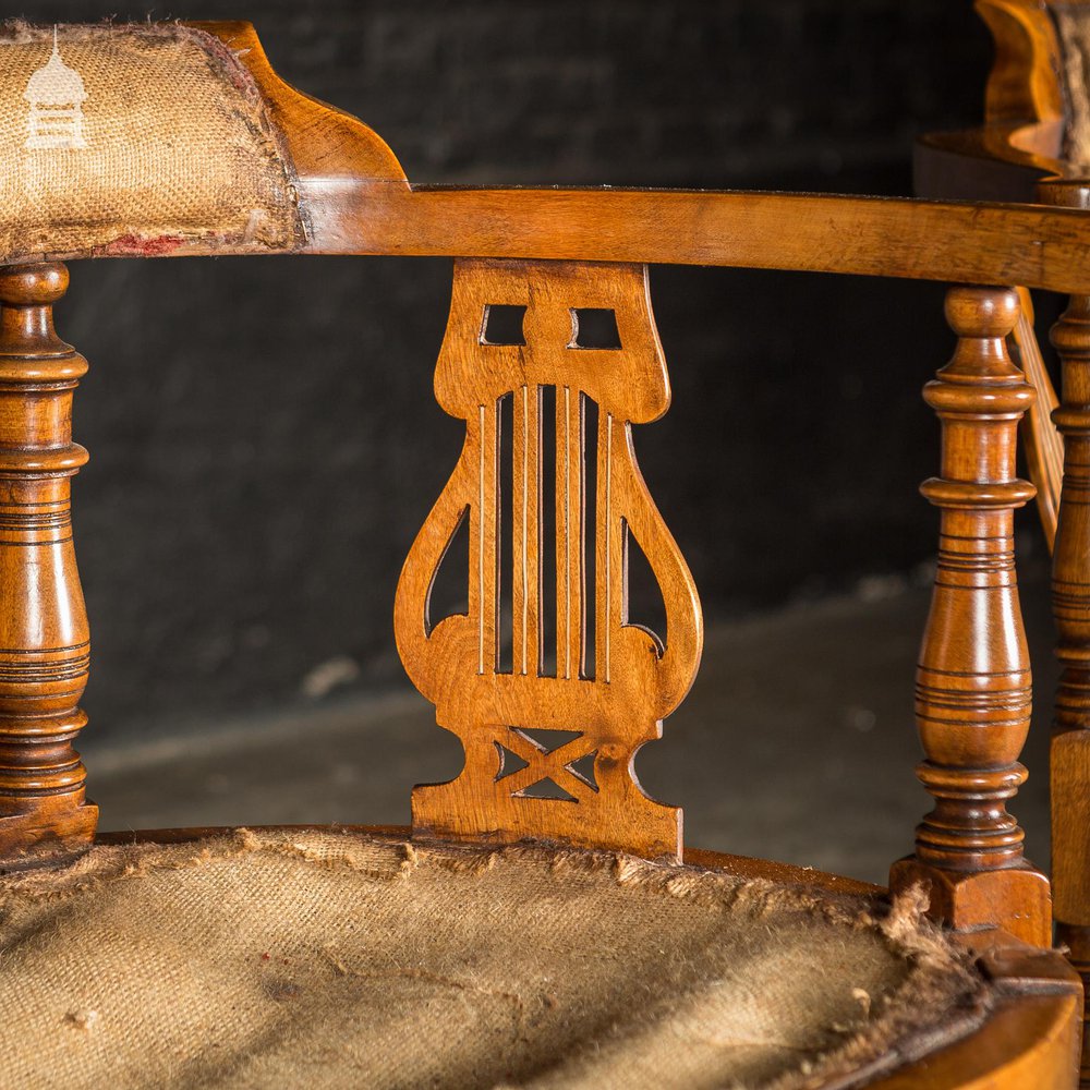 19th C Inlayed Courting Chairs With Fine Turned Wooden Leg and Lyre Back Design