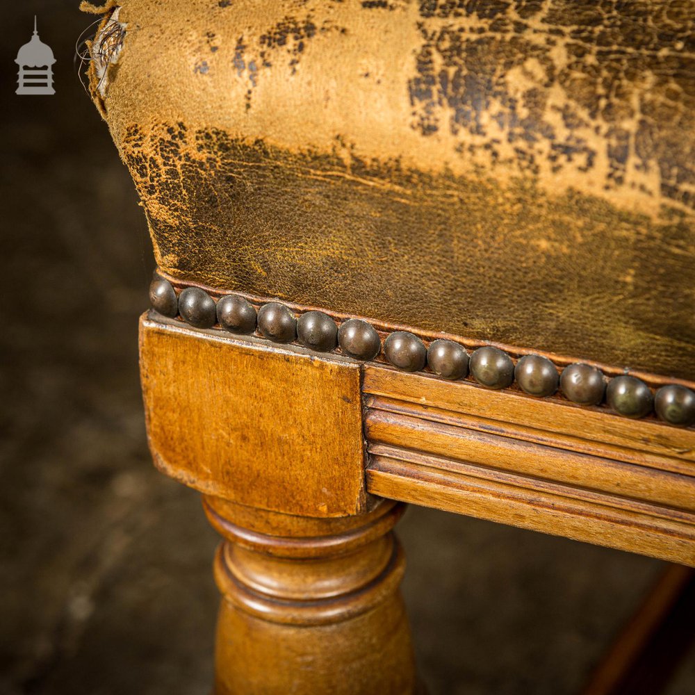 19th C Oak H Stretcher Throne Chair With Studded Worn Leather Seats, Arms and Back