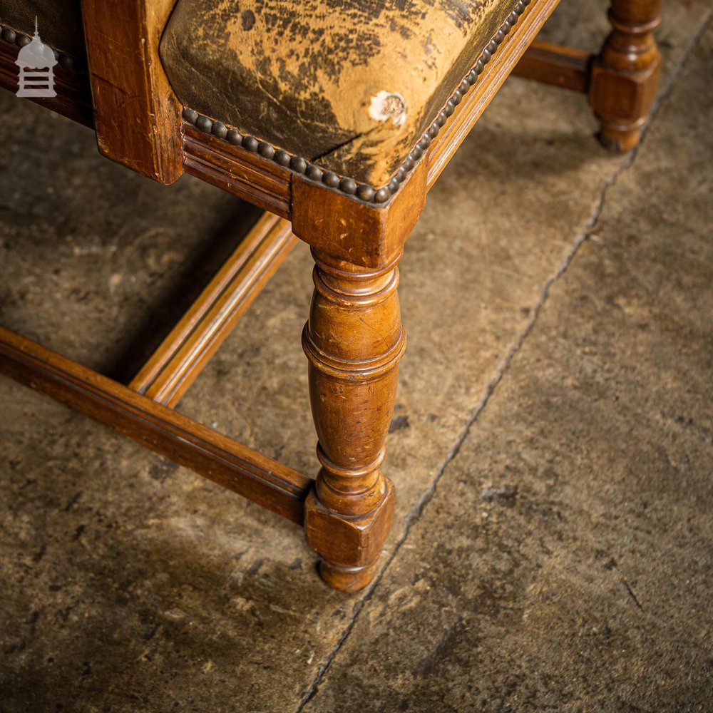 19th C Oak H Stretcher Throne Chair With Studded Worn Leather Seats, Arms and Back