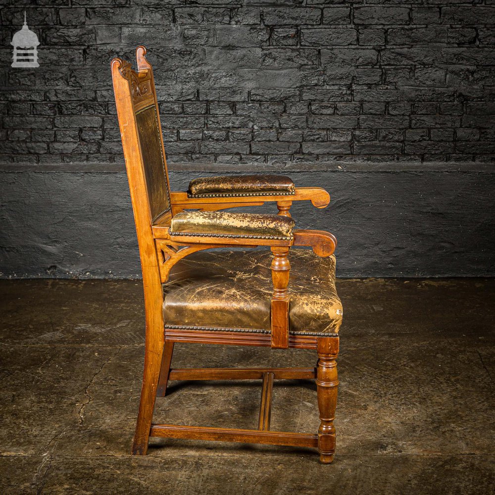 19th C Oak H Stretcher Throne Chair With Studded Worn Leather Seats, Arms and Back