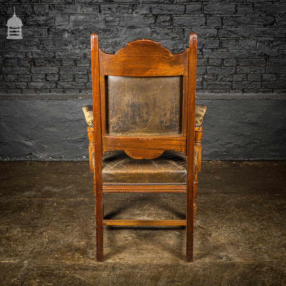 19th C Oak H Stretcher Throne Chair With Studded Worn Leather Seats, Arms and Back