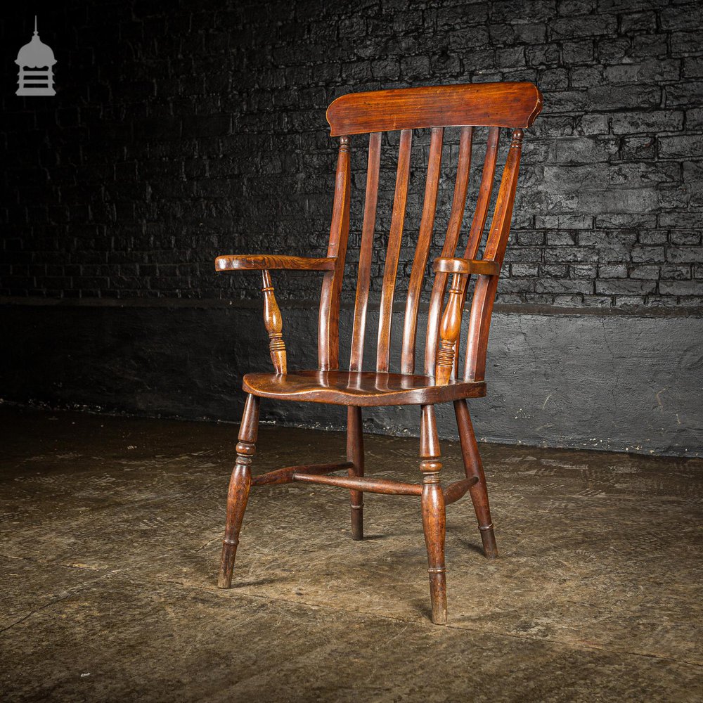 19th C Lath Back Windsor Armchair With H Stretcher and Turned Arm Supports